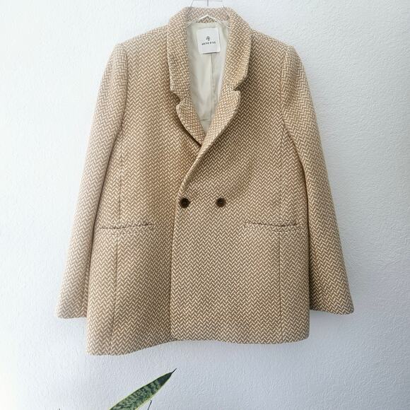 Anine Bing Oversized Fishbone Blazer Tan/White Herringbone Print‎ Size Large - Picture 3 of 11